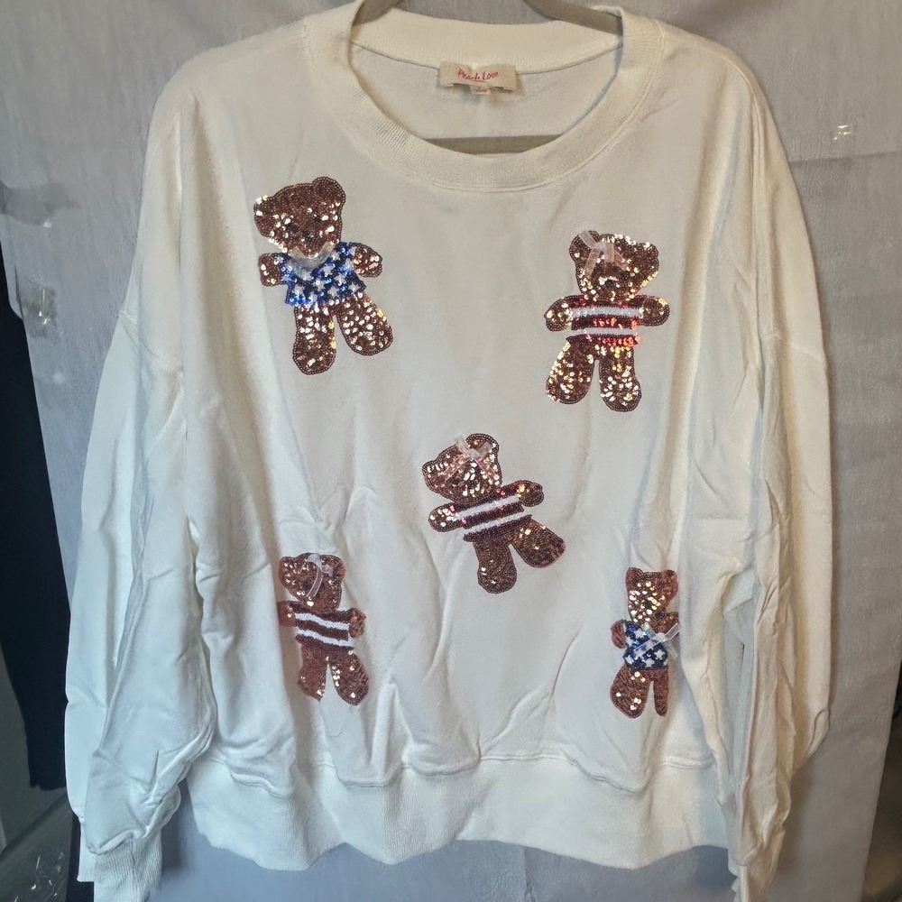 Peach Love California Sequin Teddy Bear Sweatshirt Cream Oversized L Patch Bow
